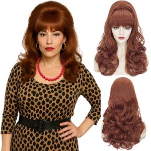 Wiggy Mermaid Brown Beehive Wigs for Women, Auburn Vintage Bouffant Wig, Long Copper Curly Victorian Fembot Wig 50s 60s 70s for Women for Halloween Costume Party + Cap