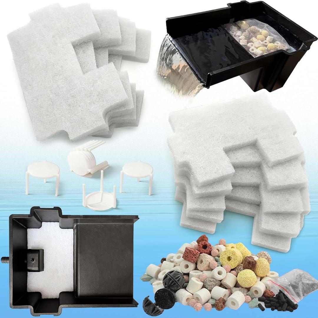 18PCS Upgraded Pond Waterfall Spillway Filter Media, 9* Pond Filter Pads + 500g Ceramic Rings+8 Bracket, Fish Filtration Durable Foam Mat for 8-Inch Waterfall Box