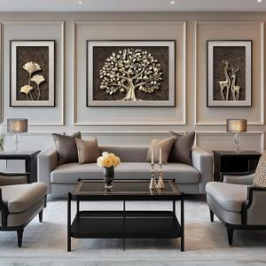 Framed Gold Tree of Life Wall Art for Living Room, 3 Piece Modern Botanical Ginkgo Leaf Painting Prints, Extra Large Deer Canvas Artwork for Dining Room Bedroom Hallway Office Wall Decor, 20x30 Inch (Warm Color)