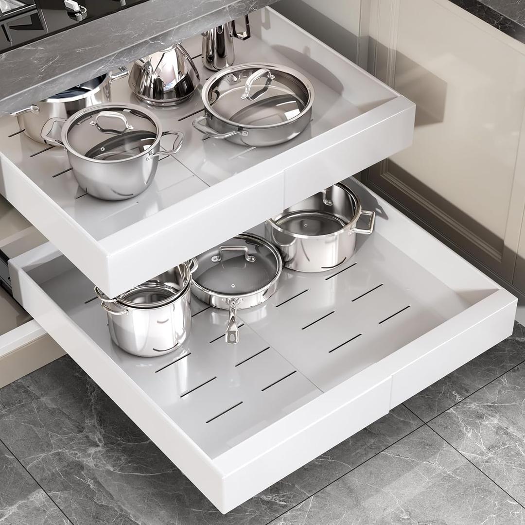 2 Pack Pull Out Cabinet Organizer 22" Deep With Raising Pad for Framed Cabinets,Full Extension 3 Slide Rails,Expandable Width (12.3"-20.5") Slide Out Drawers,No Drill Roll Out Shelves,White