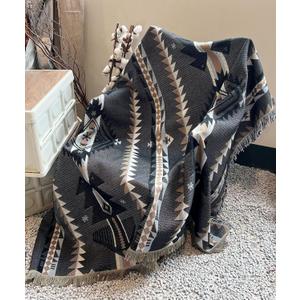 Aztec Throw Blanket 51"x63" for Sofa Couch Chair Bed, Reversible Cotton Western Blanket with Tassel, Black and White Boho Blanket Southwestern Tapestry Home Decor Travle Camping Blanket