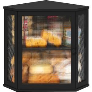 Corner Bread Box for Kitchen Counter, Bamboo Wood Large Capacity Bread Storage Bin with Acrylic Wavy Door Panel (Black, Extra Large)