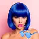 Wig and Sunglasses 12 Inch Short Bob Wigs with Bangs for Women Costume Cosplay Party (Blue)