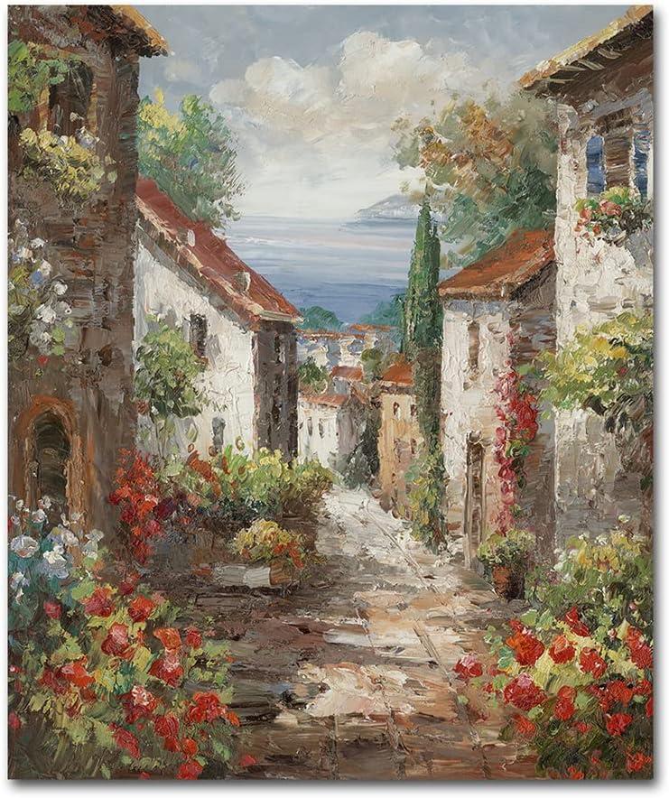 Italy Town Painting Tuscany Wall Art Streets of Mediterranean Towns Canvas Prints Landscape Picture Framed Ready to Hang Farmhouse Decor 20 x 24 Inch (23.6"L x 19.7"W, V01)