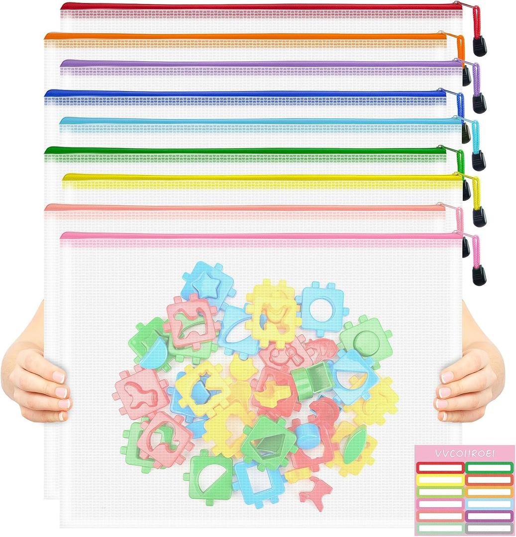 9pcs Mesh Zipper Pouch Bags, A3 Sizes, 9 Colors, Board Game Storage, Travel, School, Office Organize