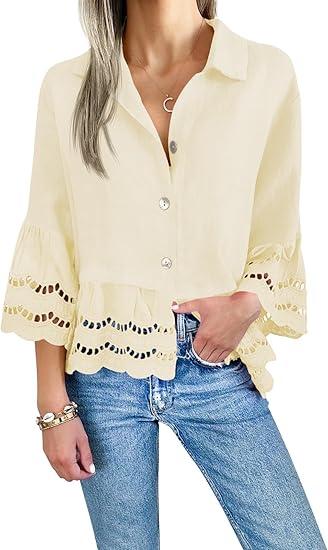 Cicy Bell Womens 3/4 Bell Sleeve Button Down Shirts Casual Ruffle Hem Tops Eyelet Blouse (Unknown Size)