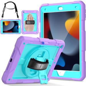 LTROP Case for iPad 9th/ 8th/ 7th Generation (2021/2020/2019), Shockproof 10.2 iPad Cover with Shoulder Strap Pen Holder Swivel Stand, Cyan/Purple