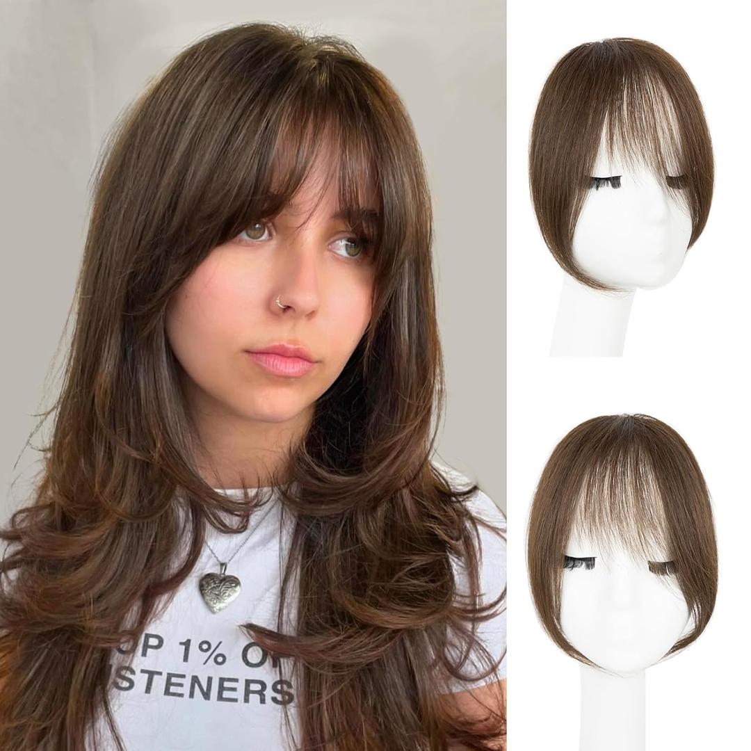Clip in Bangs, 100% Real Human Hair Medium Brown Fake Bangs Clip in Hair Extensions French Bangs Fringe with Temples Hairpieces for Women Curved Curtain Bangs for Daily Wear