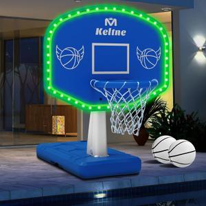LED Pool Basketball Hoop, Poolside Water Basketball Hoop with High-Brightness Colorful Solar Lights, Oversized Basketball Hoops for Pool with 2 Balls/Pump, Light-Up Pool Games for Adults Teens.