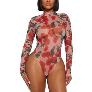 AVZXSA Women's Printed Mesh Long Sleeve Bodysuit, Sexy One Piece with Mock Neck Snap Crotch Leotard Top (Medium, Rose Red Combo)