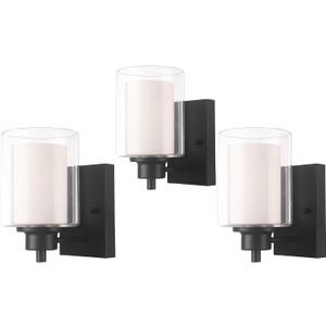 3 Pack Bath Vanity Light Fixtures 1-Light, Indoor Black Wall Light with Dual Glass Shade, Farmhouse Bathroom Wall Scone