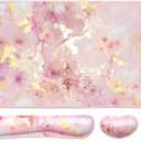Keyboard Mouse Pad Set, Extended Mouse Pad+Keyboard Wrist Rest Support, Memory Foam Ergonomic Easy Typing, 3Pcs (35.415.7 in) Desk Pad Set for Home Office Study Game- Pink Gold Marble