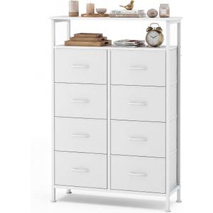 OLIXIS 8 Drawers Fabric Dresser, Raised Shelf Tall Chest of Drawers, White, 31.5"D x 45.9"W x 11.8"H