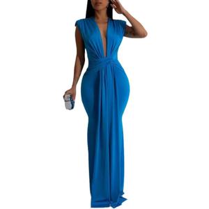 Ekaliy Elegant Bodycon Dresses for Women Deep V Neck Maxi Dress Mermaid Long Dress (Large, Blue)