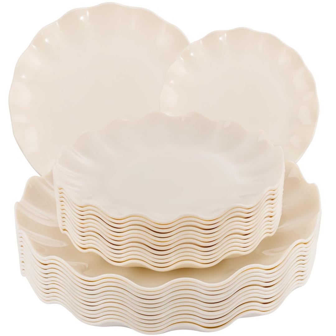 LIYH 24 Pcs Plastic Plates Reusable,Unbreakable Dinner Plates, Scalloped Plastic Plates, Dishwasher Safe,Ivory Plate Sets Perfect for Parties, Birthday, Picnics, BPA Free(12Guests)