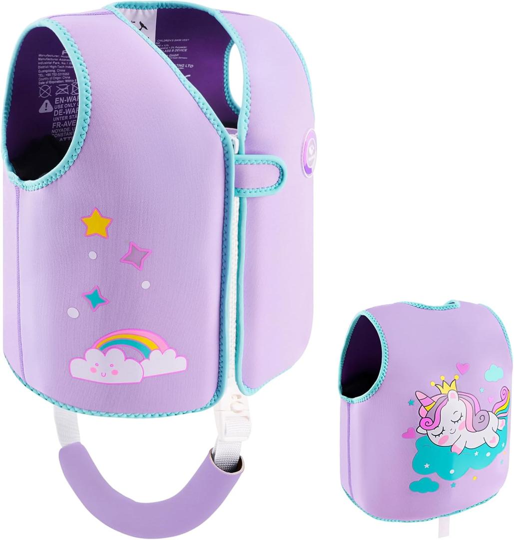 Pottwal Swim Vest for Kids - Swim Jacket for 1-2 Years (24-33LBS) - Buoyancy Aid Made of Neoprene & EPE - with Adjustable Crotch Strap (Small, 8 Pockets - Purple Unicorn)