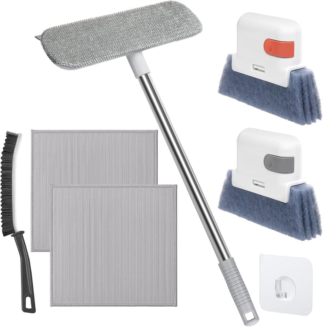 XANGNIER Window Screen Cleaner & Track Cleaning Kit-Mesh Screen Cleaner Brush with Extension Pole, Window Sill and Track Cleaner Tool Washing Equipment, 28Detachable Long-Reach Handle, Wet&Dry Dual-Use