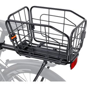 Rear Bike Basket, Aluminum Bike Cargo Rack, 22L Capacity Bicycle Basket, Foldable & Removable for Adult Bikes (Tube34mm), 165lbs Capacity, Includes Reflector & Bungee Cords
