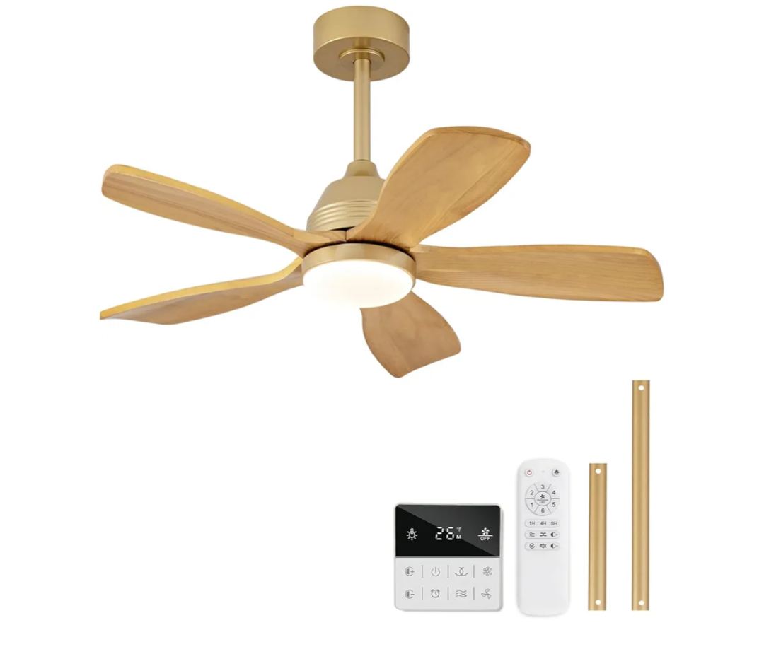 DELIHUA 36 Inch Ceiling Fans with Lights and Remote, 5 Blades Wood Ceiling Fan with Light, Dimmable, Wall Switch, Reversible DC Motor, Modern Indoor Outdoor Ceiling Fans for Patios Bedroom (Gold)