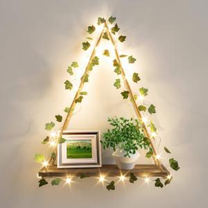 RICHER HOUSE Artificial Ivy LED-Strip Wall Hanging Shelves, Macrame Shelf for Bedroom Bathroom Living Room Kitchen, Wood Hanging Plant Shelves for Wall Dcor