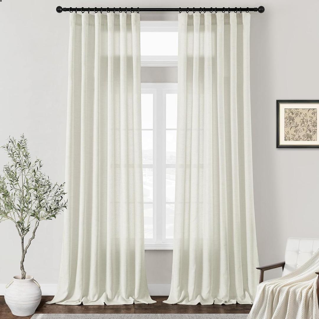 Cream Ivory Linen Curtains 90 Inch Length 2 Panels for High Living Room Semi Sheer Light Filtering Extra Long 90 Inch Curtains Floor Ceiling Drapes Sliding Door Villa Rod Pocket Hook Belt, Size: 72" x 90"