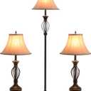 3 Pack Lamp Set, Living Room Light Set of 3, Floor and Table Lamp Set in Black Finish with Vintage Brown Fabric Light Shades, 26" and 61"(H), Solid Iron