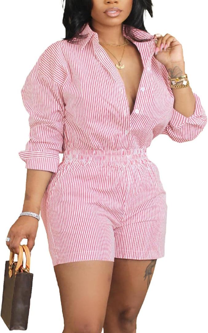 pnahip Women 2 Piece Stripe Outfits 2024 Summer Casual Long Sleeve Button Down Blouse and Shorts Lounge Set Tracksuit, Pink, L