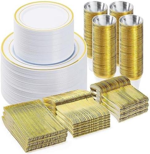 BESTVIP 600PCS Gold Dinnerware Set for 100 Guests, Plastic Plates for Party, 100 Gold Disposable Plates, 100 Dessert Plates, 100 Cups, 100 Spoons, 100 Forks and 100 Knives