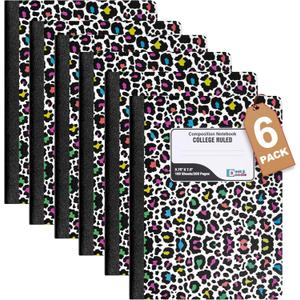 Composition Notebook Preppy with Leopard Print Design College Rule: 6 Pack, Cute Decorative Hardcover Writing Notebook With Sewn Binding and No Bleed Through, 200 Pages (100 Sheets), 9.75x7.5, For School or Office