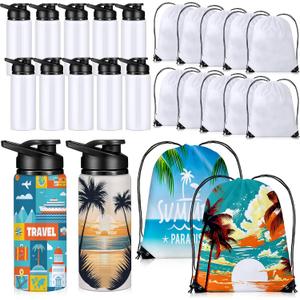 12 Set 20 oz Sublimation Aluminum Water Bottle and Sublimation Drawstring Bags Blank White Sublimation Sport Water Bottle with Drawstring Backpack for DIY Craft Travel Camping Hiking Gym