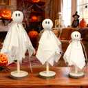 Novelty Place Ghost on Wooden Stand Halloween Decorations Set of 3 Spooky Ghost Cute Fabric Shelf Sitters, Farmhouse Table Centerpiece for Tiered Tray, Mantel, Kitchen & Indoor Halloween Home Decor