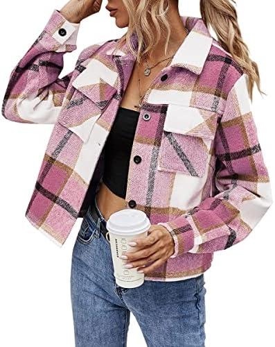 Binshre Womens Cropped Plaid Shacket Flannel Long Sleeve Button Down Jackets Coat for Women S
