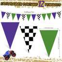 Gersoniel 5 Pcs Green and Purple Monster Truck Banner Decorations Green Purple Checkered Paper Pennant Garlands Monster Truck Hanging Triangle Flags for Car Theme Birthday Party Decor