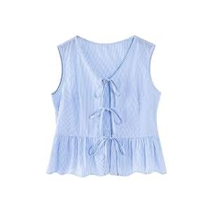 Avanova Women Short Sleeve Blouses Tie Neck Petal Tulip Sleeve Tops Work Business Shirts Blue XX-Large
