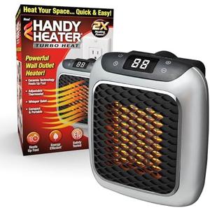 Ontel Handy Heater Turbo Wall Outlet Small Space Heater with Adjustable Thermostat, Programmable 12-Hour Timer, Auto Shut Off - Quiet, Space-Saving, Ceramic (Packaging May Vary)