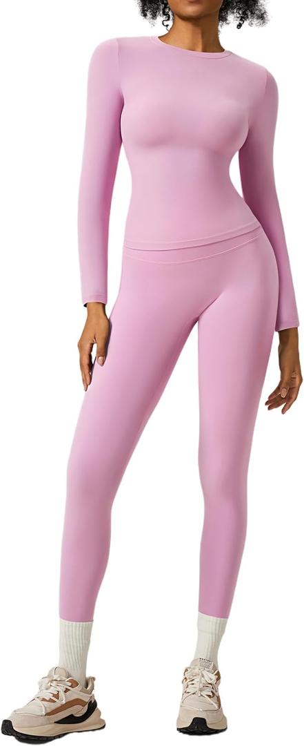 RXRXCOCO Slim Fit Workout Sets for Women 2 Piece Hidden Scrunch Leggings Long Sleeve Yoga Tops Matching Set Gym Outfits, Large