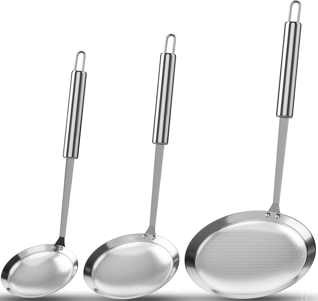 New Fine Mesh Skimmer Spoon, Professional 304 Stainless Steel Hot Pot Fat Strainer for Oil Filter Skimming Grease and Foam, Durable Multi-Functional Kitchen Cooking Mesh Food Strainer Ladle-3 Pack