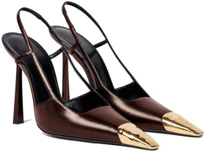 THESHY Womens Slingback High Heels Metal Pointed Toe Leather High Stiletto Heel Pumps Slip on Elastic Strap Fashion Dress Shoes for Women, Size 9, Brown