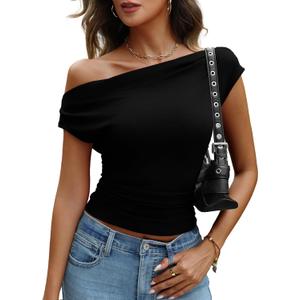 Women's Off The Shoulder Tops Ribbed Knit Ruched Asymmetrical Top Going Out Slim Fit Party Shirts (Large, Black)