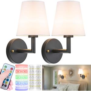 Nekhung Battery Operated Wall Sconces Set of 2, Wireless Wall Light with 10000mAh RGB Dimmable Magnetic Bulb, Rechargeable Wall Sconce with Remote Control for Bedroom Living Room
