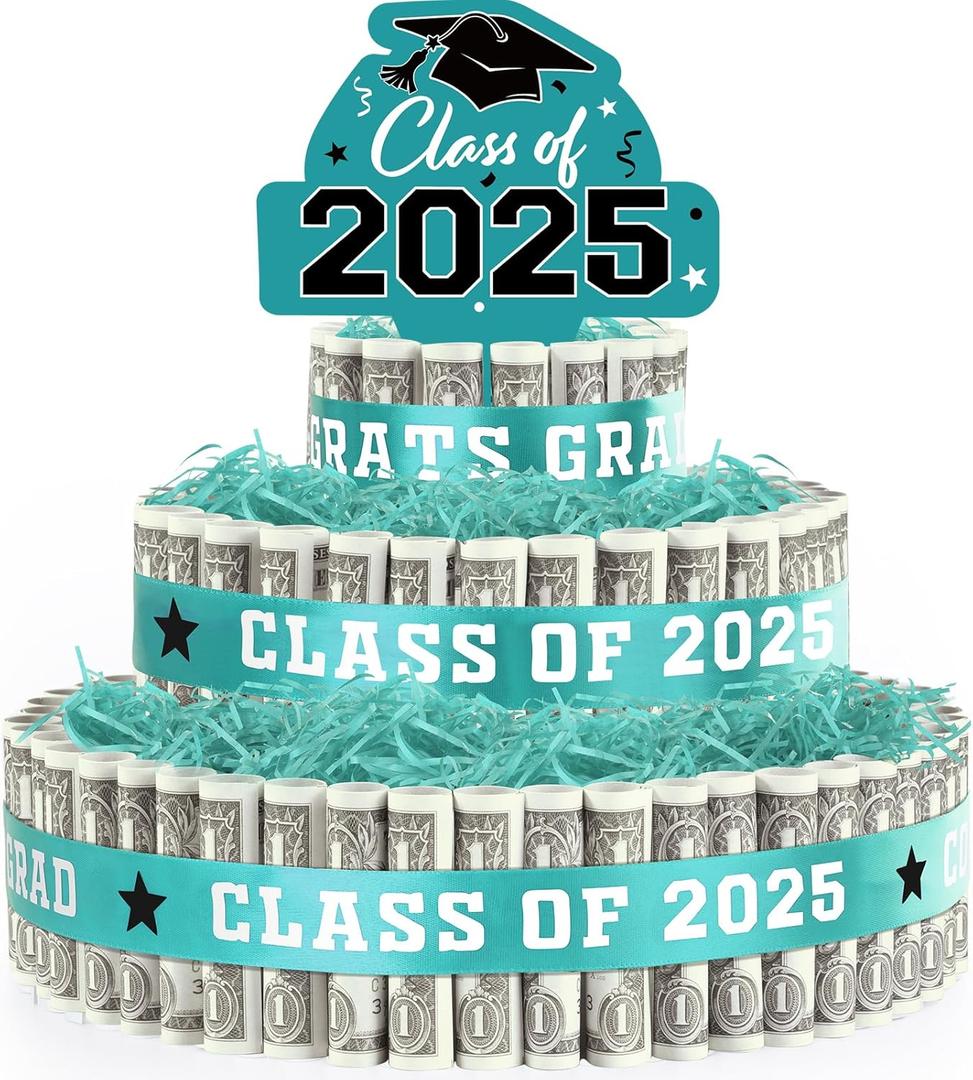 2025 Graduation Gifts for Class of 2025 Party Decorations,3 Tier Teal Congrats Grad Cake Filled with Cash Money for College High School Graduation Funny Money Gifts Idea and Party Supplies