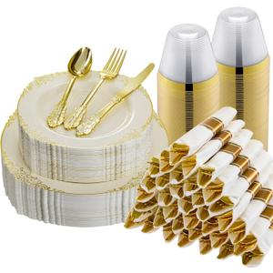 Bestluck 175PCS Ivory Plastic Plates for 25 Guests Disposable Dinnerware Sets Include 50 Plastic Plates, 25 Silverwares, 25 Cups, and 25 Pre Rolled Napkins for Party, Wedding and Graduation