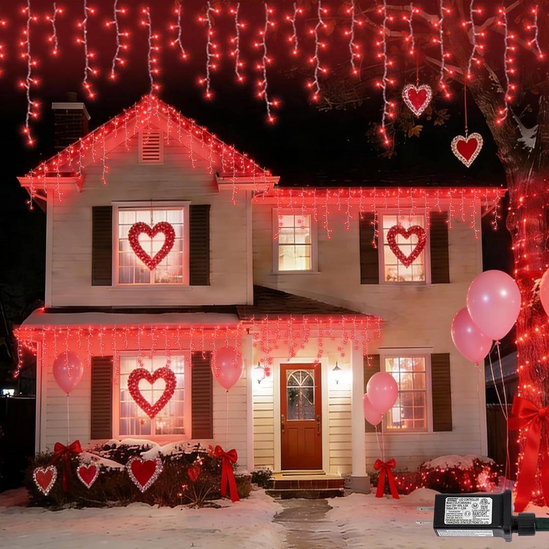 YEGUO 33ft 400 LED Red Icicle Lights for Valentines Day, Icicle Christmas Lights with 8 Modes, Connectable Icicle String Lights with Memory Timer