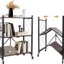 3 Tier Vintage Multifunctional Folding Shelf with Wheels, Portable Heavy Duty Storage Shelving, No-Assembly Folding Bookshelf, Metal Collapsible Rack Unit for Kitchen, Office, Bedroom, Rustic Brown