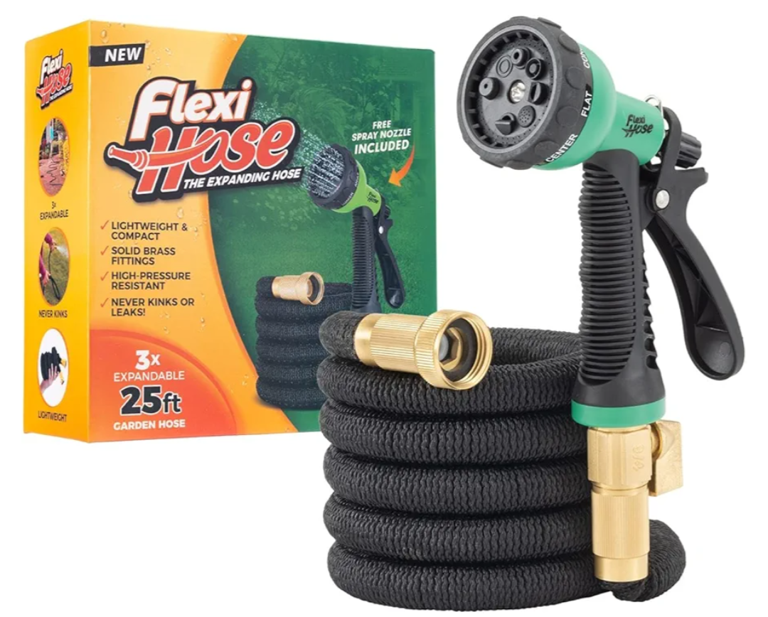 Flexi Hose Expandable Garden Hose with 8 Function Nozzle, 25FT - Lightweight Retractable Garden Hose, Water Hose - No-Kink Flexibility, 3/4 Inch Solid Brass Fittings and Double Latex Core
