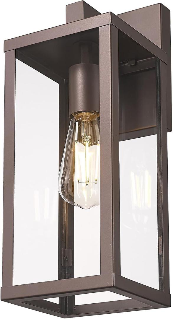 Outdoor Wall Light with Clear Glass, Anti-Rust Exterior Wall Sconce, Weather Resistant Outdoor Lantern, Exterior Lighting for Porch, Patio, Garage, Entryway (Oil-Rubbed Bronze, 15.5"Height-1 Pack)
