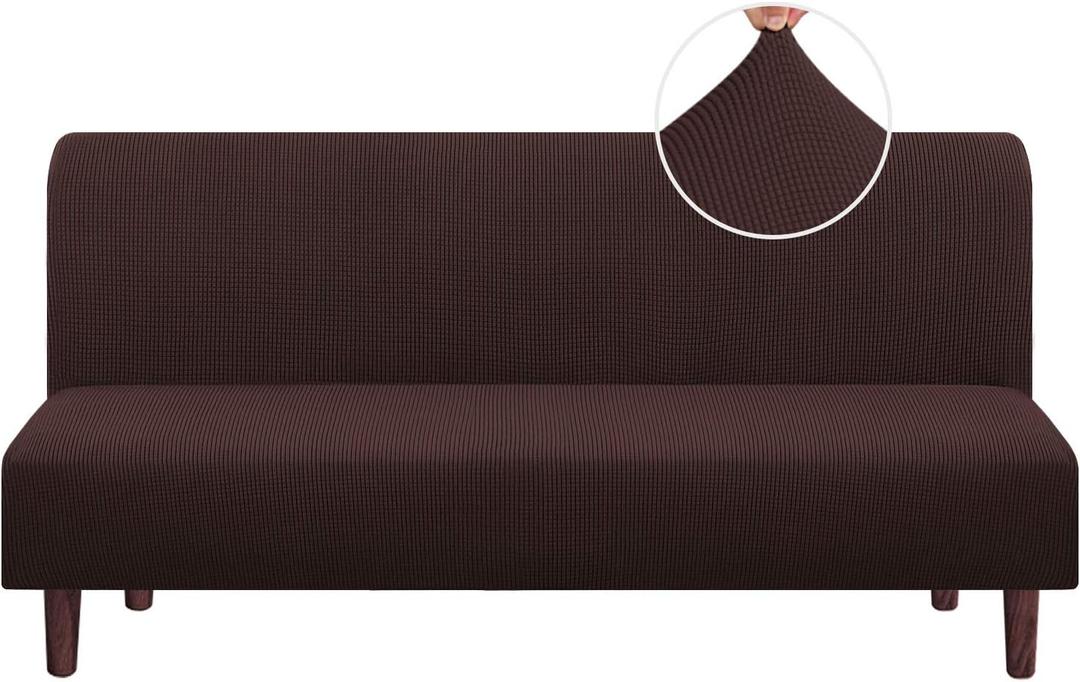 Stretch Armless Futon Cover Futon Slipcover Full Queen Size Futon Couch Cover Futon Sofa Cover Futon Bed Cover Furniture Protector with Elastic Bottom, Checked Pattern Jacquard (Futon, Brown)