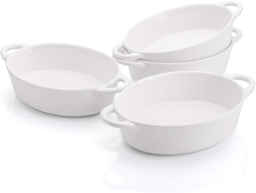 Foraineam 4 Pack 20 Ounce Porcelain Ramekins with Double Handles Oval Creme Brulee Souffle Baking Dishes