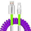 Curly Chubby New Spring Charge Spiral Braid Fast Charging Cable - Phones & Tablet, Coiled USB C Charger - USB-C to USB A, Light Green+Purple, Type-C to Type-C, 2.29FT-3.6FT