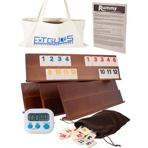 Extguds Deluxe Rummy Cube Game Set, 106 Tiles Classic Wooden Game, with 4 Handmade Wooden Racks, Portable Canvas Bag, Travel Set